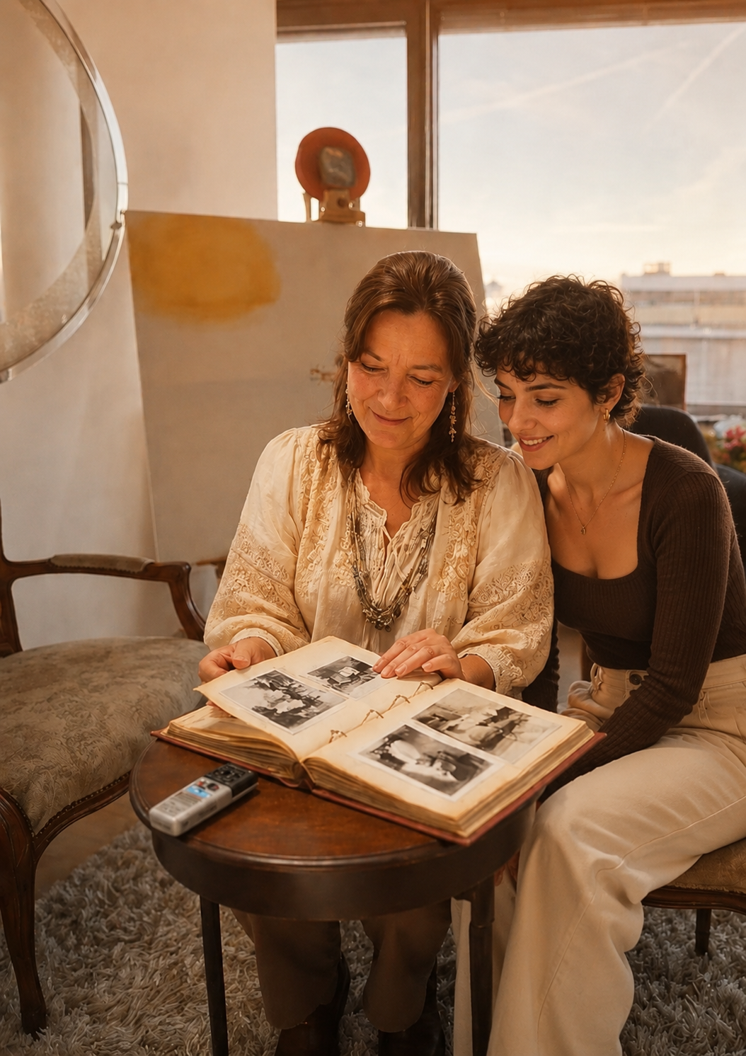Carmen Hettegger im Beratungsgespräch mit Nina — gemeinsam beim Blättern im Fotoalbum, im warmen Abendlicht.